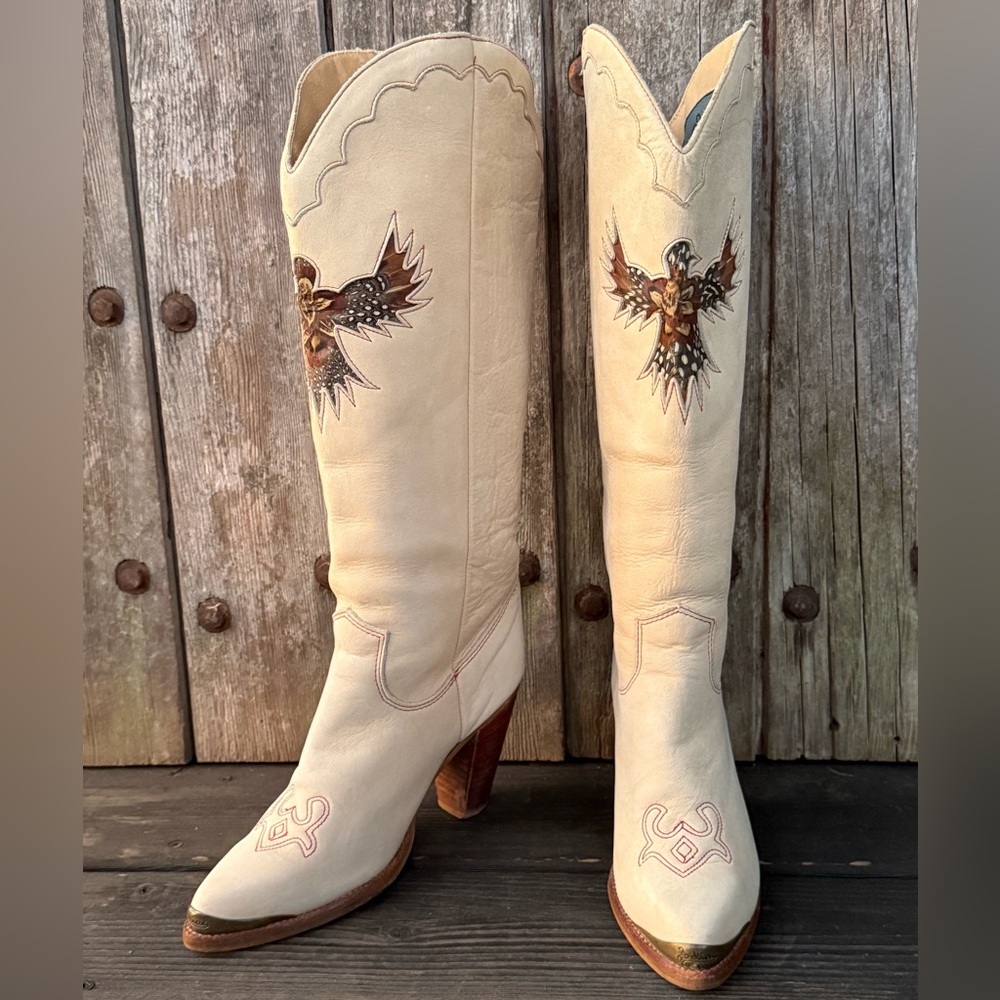 Vintage 1970's Zodiac Phoenix Heeled Boots with Feather Inlays